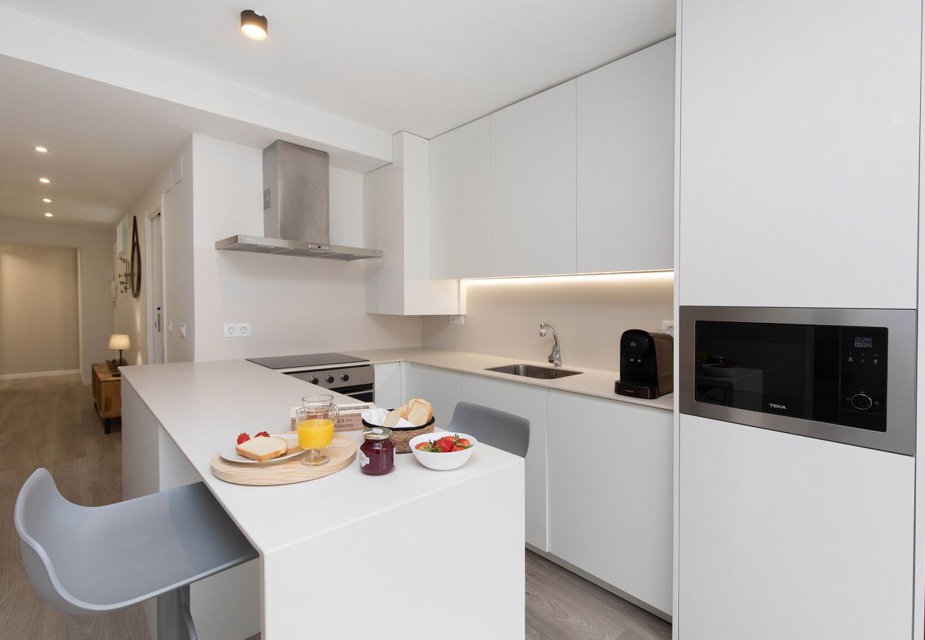 Modern minimalist-style kitchen in a tourist apartment in Biescas.